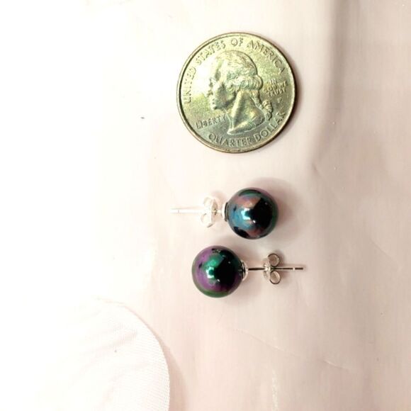 Black Rainbow 10mm  South Sea Shell Pearl Stud Earrings on 925 Sterling … - Picture 5 of 6